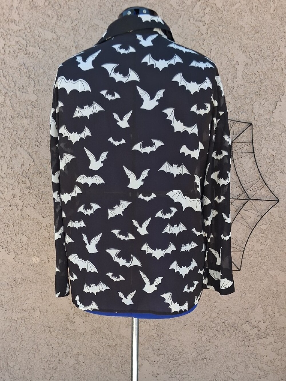 Black Sheer Bat Print Button-Up Shirt - Picture 7 of 7